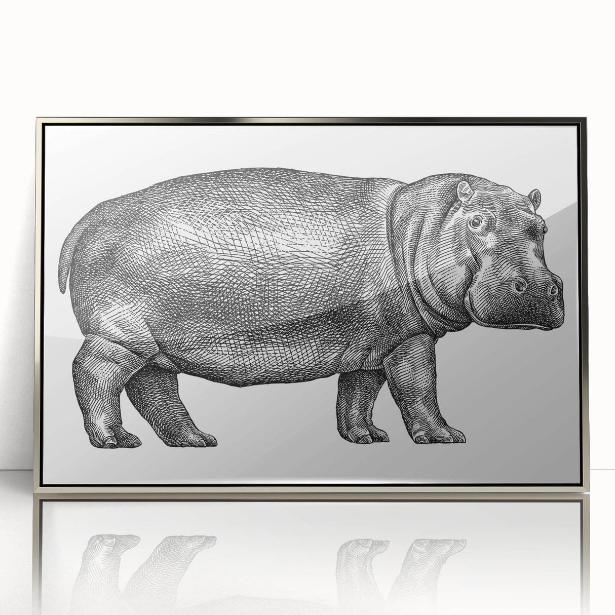 Framed wall art featuring a striking hippo design in silver acrylic, showcasing vibrant colors and intricate details, ideal for wildlife enthusiasts and modern decor.
