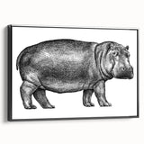 Framed canvas wall art showcasing a side view of a hippopotamus in a wild setting, featuring vibrant colors and intricate details, perfect for animal lovers' decor.