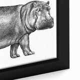Close-up of a vibrant framed canvas wall art featuring a detailed hippopotamus design, showcasing intricate textures and colors, perfect for wildlife enthusiasts and home decor.