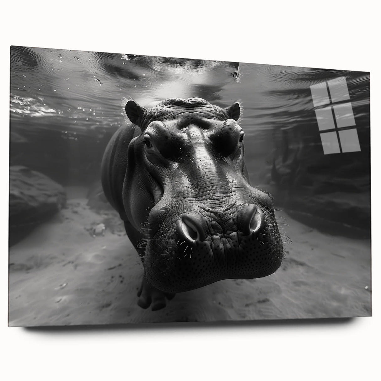 Side view of an acrylic glass wall art featuring a detailed hippopotamus design, showcasing vibrant colors and intricate details, perfect for animal lovers and home decor enthusiasts.