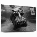 Side view of an acrylic glass wall art featuring a detailed hippopotamus design, showcasing vibrant colors and intricate details, perfect for animal lovers and home decor enthusiasts.