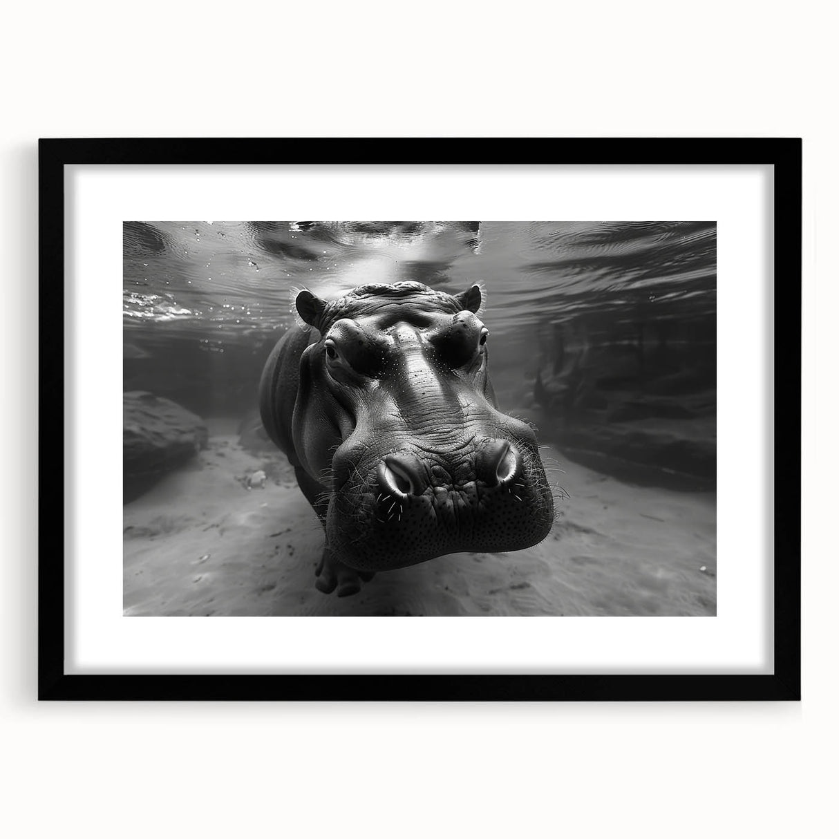 Hippopotamus wall art print in a black frame, showcasing vibrant colors and intricate details, perfect for animal lovers and home decor enthusiasts. Ideal for enhancing living spaces with a touch of wildlife elegance.