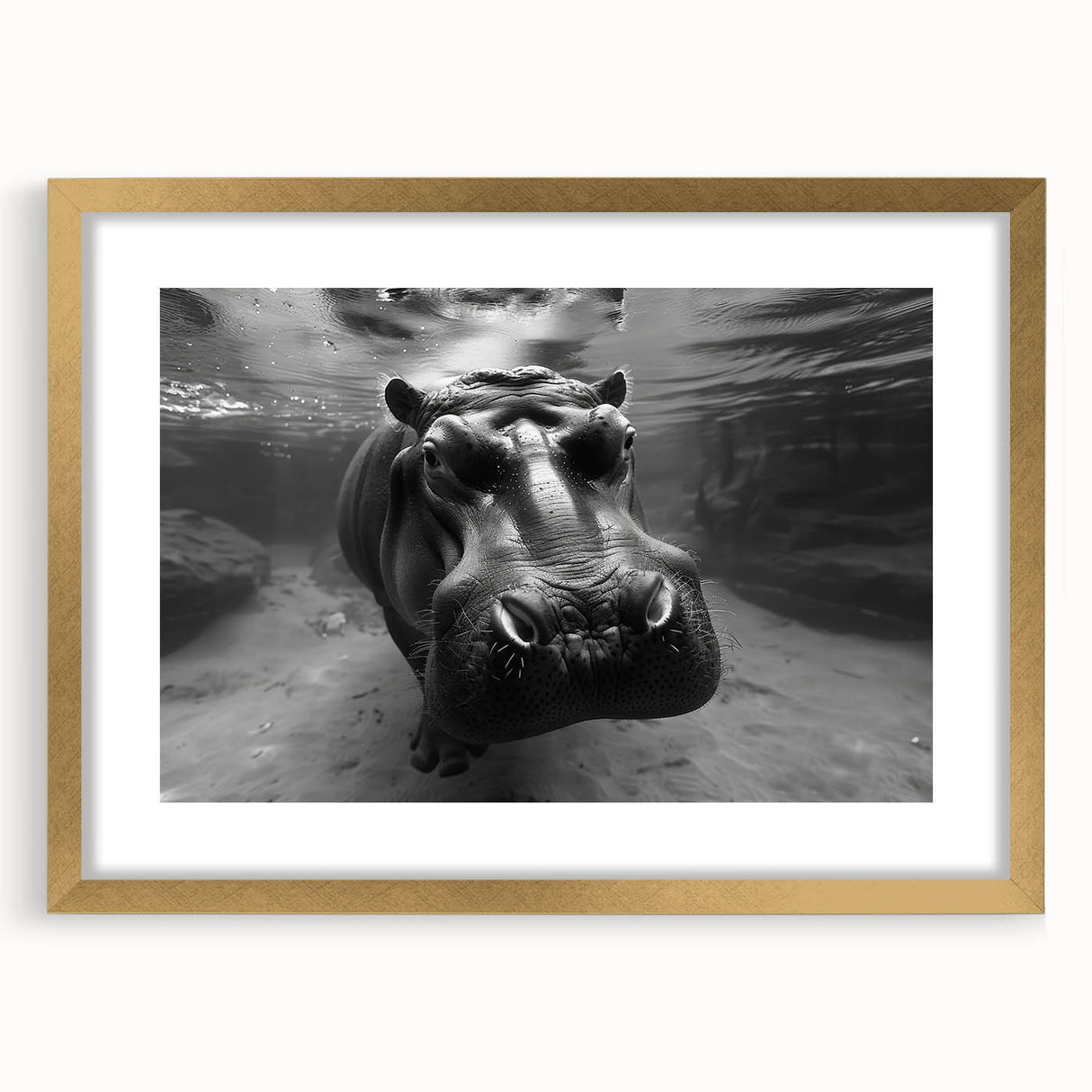 Hippopotamus wall art design featuring a gold frame and mat, showcasing a vibrant front view of the animal in a natural setting, perfect for wildlife enthusiasts.