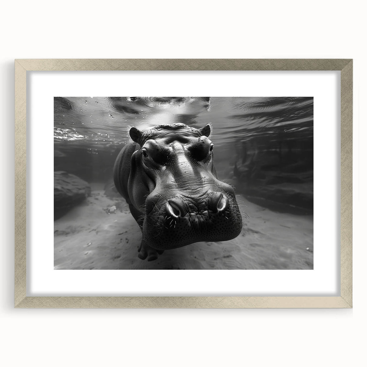 Hippopotamus-themed wall art design featuring a silver frame and mat, showcasing vibrant colors and intricate details, perfect for wildlife enthusiasts' decor.