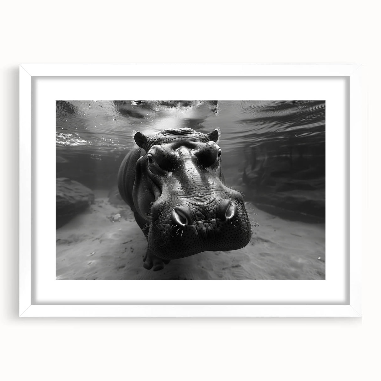 Hippopotamus-themed wall art design featuring a vibrant illustration of a hippo in a natural habitat, framed in white with a mat, ideal for wildlife enthusiasts.