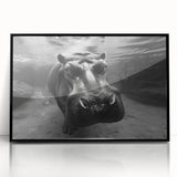 Framed wall art featuring a striking black and white illustration of a hippopotamus in a frontal view. The art piece showcases intricate details, perfect for animal lovers and unique home decor.