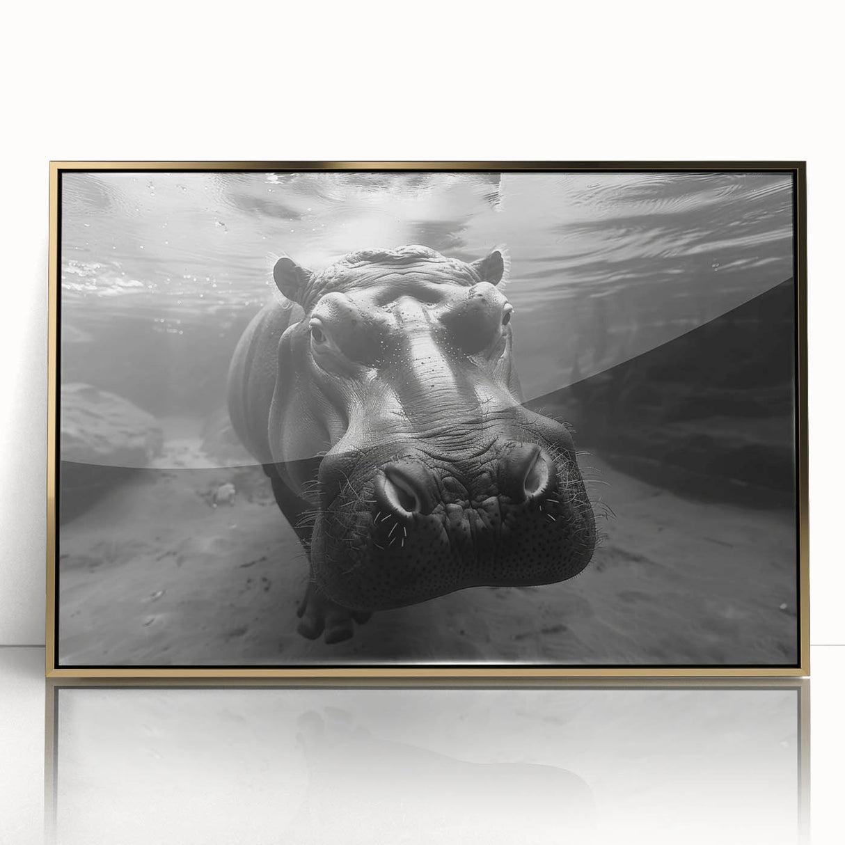 Framed wall art featuring a striking front view of a hippopotamus design, accented with gold acrylic, perfect for animal lovers and modern decor enthusiasts.