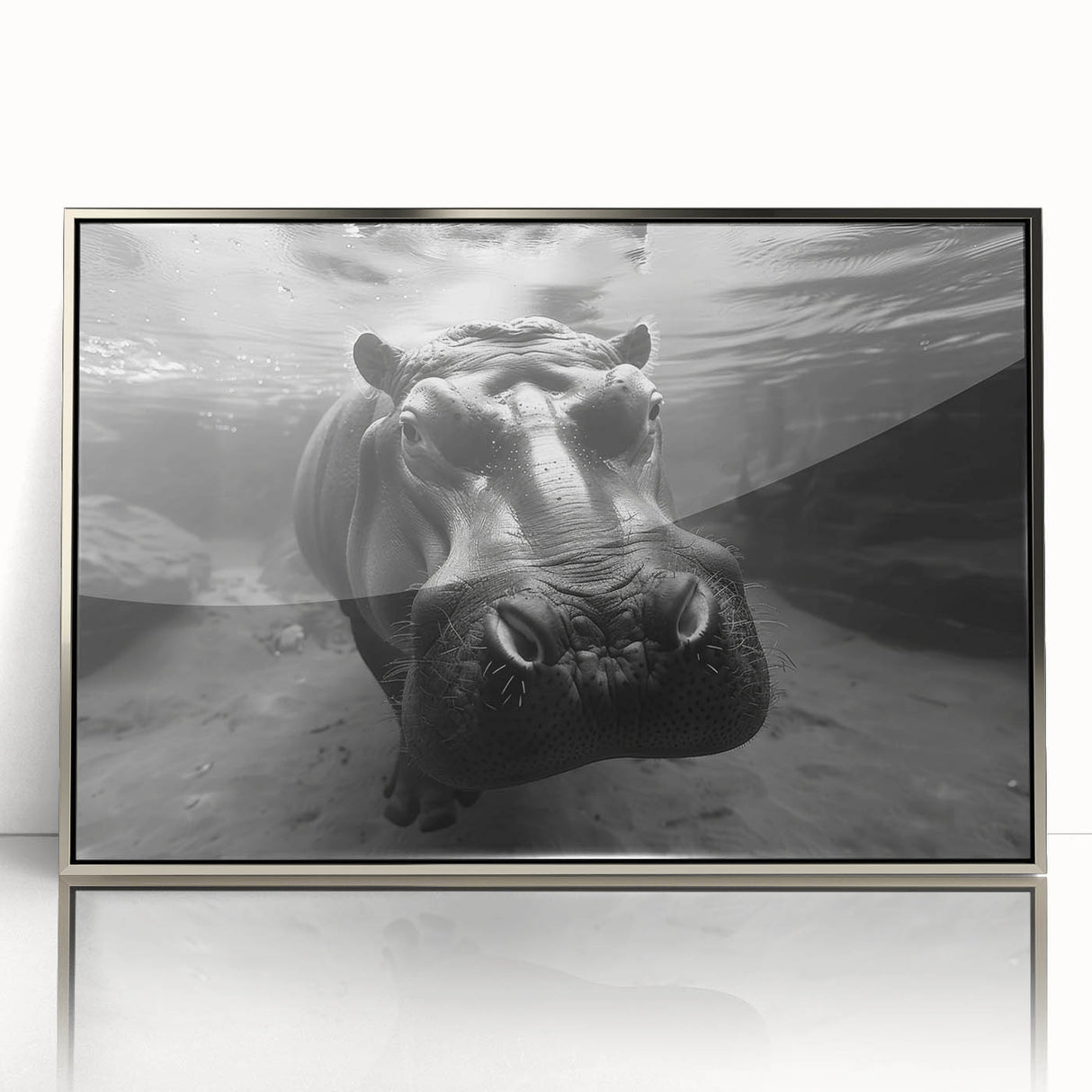 Framed wall art featuring a realistic front view of a silver-accented hippopotamus, showcasing intricate details and vibrant colors, perfect for animal lovers and home decor enthusiasts.