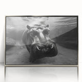 Framed wall art featuring a realistic front view of a silver-accented hippopotamus, showcasing intricate details and vibrant colors, perfect for animal lovers and home decor enthusiasts.