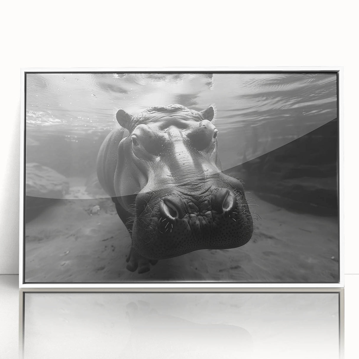 Framed wall art featuring a detailed illustration of a hippopotamus in its natural habitat, showcasing vibrant colors and intricate design elements, perfect for wildlife enthusiasts.