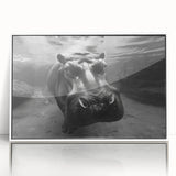 Framed wall art featuring a detailed illustration of a hippopotamus in its natural habitat, showcasing vibrant colors and intricate design elements, perfect for wildlife enthusiasts.