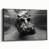 Framed wall art featuring a striking black side view of a hippopotamus, showcasing intricate details and textures, perfect for animal lovers and decor enthusiasts.