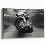 Framed canvas wall art showcasing a silver side view of a hippopotamus, with intricate details capturing its texture and natural beauty, perfect for wildlife enthusiasts.
