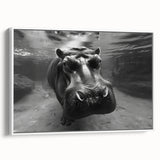 Framed canvas wall art featuring a side view of a hippopotamus against a white background, showcasing vibrant colors and intricate design details, perfect for animal lovers.