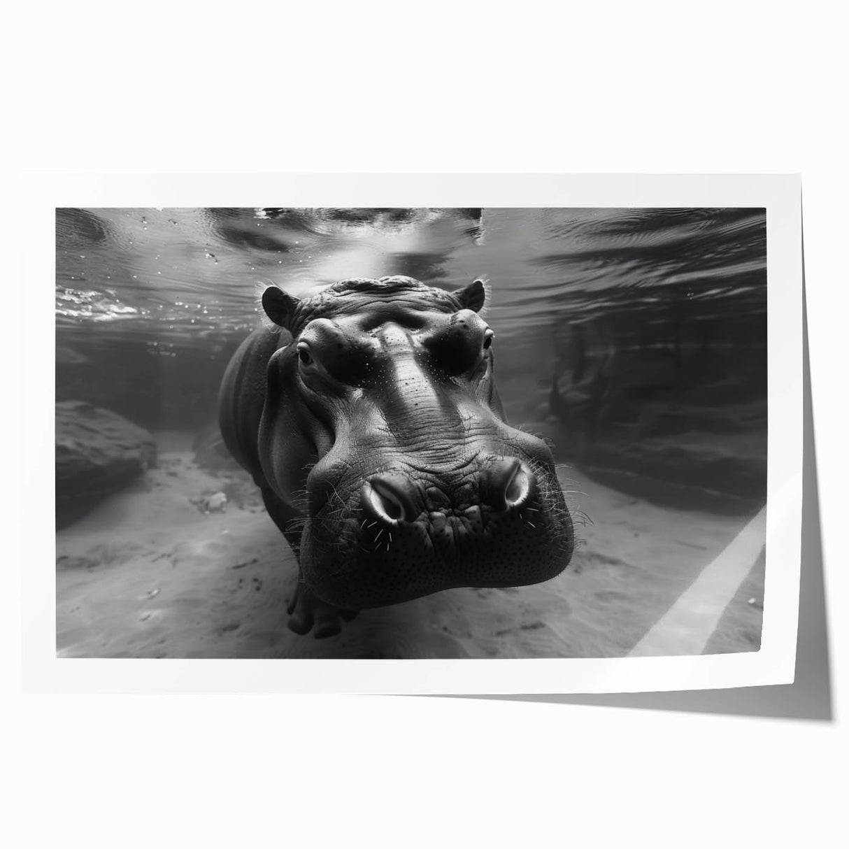Hippopotamus wall art print showcasing vibrant colors and intricate details, designed for wildlife enthusiasts and home decor, rolled and ready for framing.