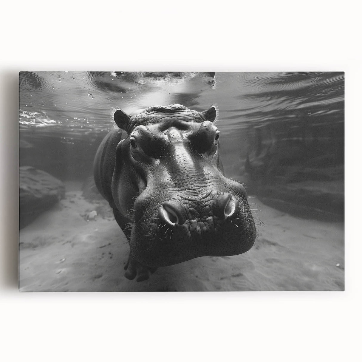 Front view of a colorful hippopotamus design stretched canvas wall art, showcasing vibrant colors and intricate details, perfect for wildlife enthusiasts and home decor.