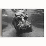 Front view of a colorful hippopotamus design stretched canvas wall art, showcasing vibrant colors and intricate details, perfect for wildlife enthusiasts and home decor.