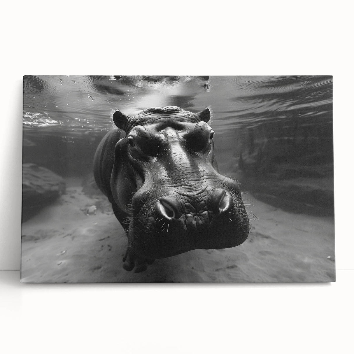 Hippopotamus wall art design on stretched canvas, showcasing vibrant colors and intricate details, perfect for enhancing home decor with a wild theme.