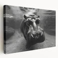 Stretched canvas wall art featuring a side view of a hippopotamus in its natural habitat, showcasing rich colors and intricate details, ideal for wildlife enthusiasts.