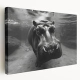 Stretched canvas wall art featuring a side view of a hippopotamus in its natural habitat, showcasing rich colors and intricate details, ideal for wildlife enthusiasts.