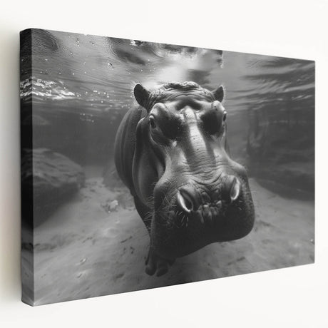 Stretched canvas wall art featuring a side view of a hippopotamus in its natural habitat, showcasing rich colors and intricate details, ideal for wildlife enthusiasts.