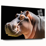 Side view of a sleek acrylic wall art piece featuring a vibrant hippopotamus design in a wild life theme, showcasing rich colors and intricate details, perfect for animal lovers.