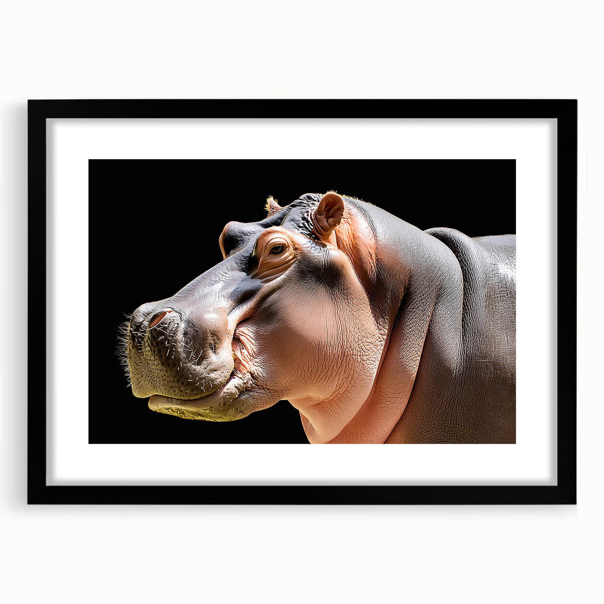 Framed wall art featuring a detailed design of a hippopotamus, showcasing vibrant colors and intricate patterns, perfect for animal lovers and home decor enthusiasts.