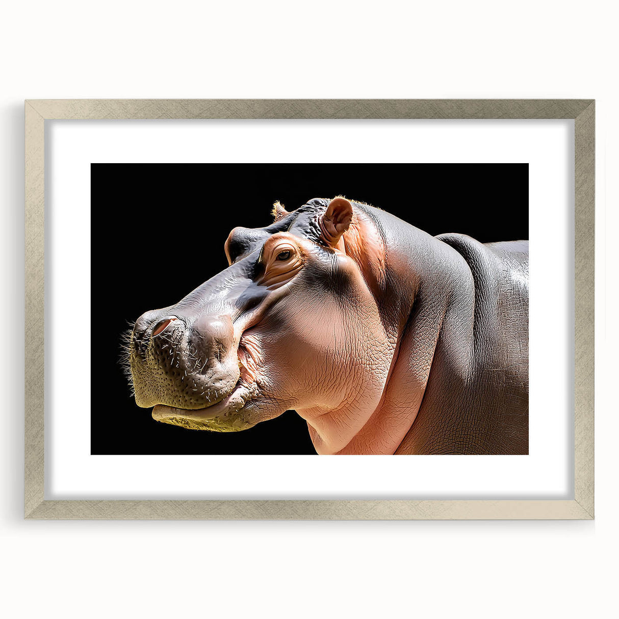 Hippopotamus wall art design framed in silver, showcasing vibrant colors and intricate details, ideal for animal lovers and home decor enthusiasts. Perfect for adding a touch of wildlife charm to any interior space.