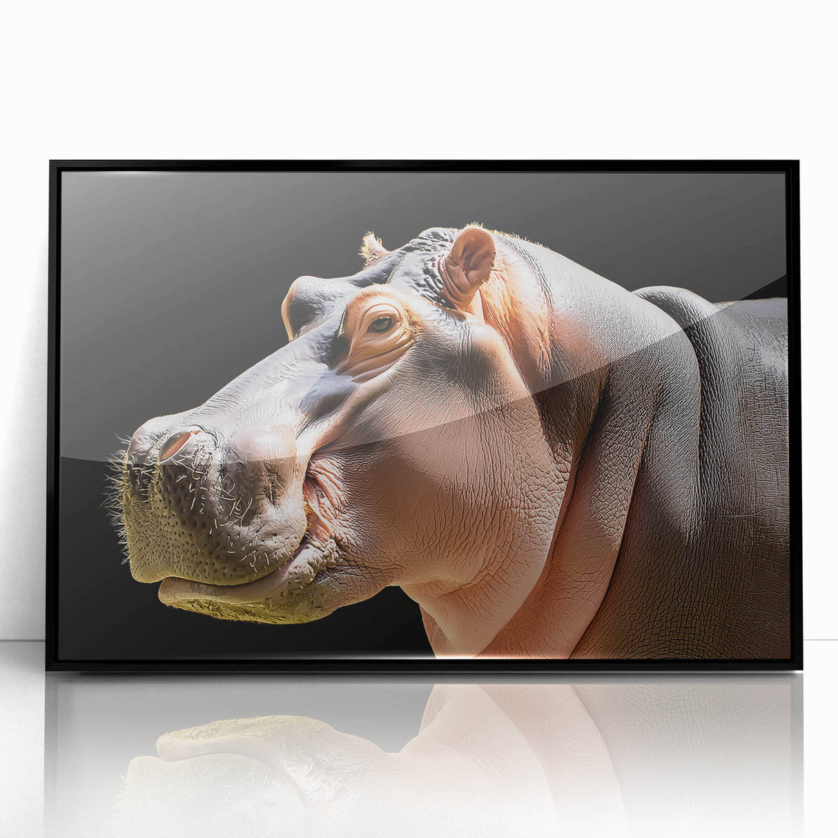 Framed wall art showcasing a striking black and white design of a hippopotamus, perfect for wildlife enthusiasts. The artwork features intricate details and a modern acrylic finish, enhancing any contemporary decor. Ideal for animal lovers and home decoration.