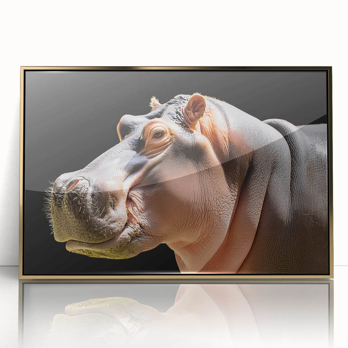 Framed wall art featuring a striking gold-accented illustration of a hippopotamus in a front view, perfect for adding a touch of wildlife decor to any space.