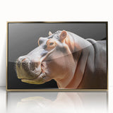 Framed wall art featuring a striking gold-accented illustration of a hippopotamus in a front view, perfect for adding a touch of wildlife decor to any space.
