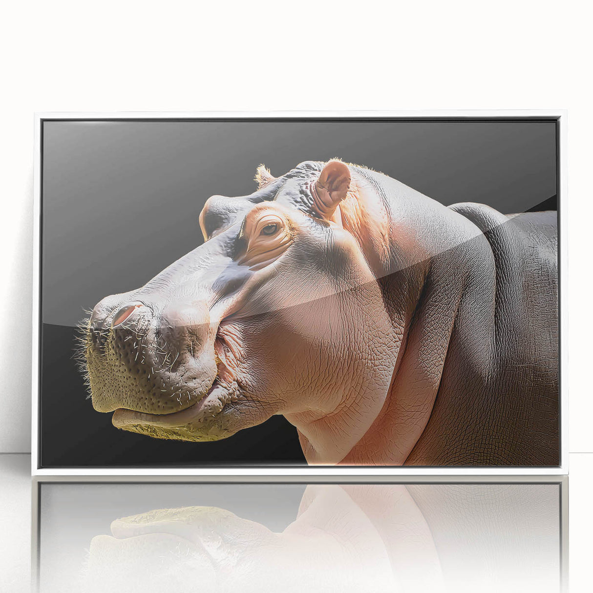 Framed acrylic wall art featuring a detailed depiction of a hippopotamus in its natural habitat, showcasing vibrant colors and intricate design elements, ideal for animal lovers and home decor enthusiasts.