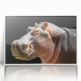 Framed acrylic wall art featuring a detailed depiction of a hippopotamus in its natural habitat, showcasing vibrant colors and intricate design elements, ideal for animal lovers and home decor enthusiasts.