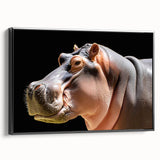 Framed canvas wall art showcasing a black side view of a hippopotamus, featuring intricate details and vibrant colors, perfect for wildlife enthusiasts and modern decor.
