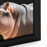 Close-up of a framed canvas wall art featuring a detailed, realistic illustration of a hippopotamus in a natural setting, showcasing vibrant colors and textures. Ideal for animal lovers and wildlife enthusiasts, this art piece adds a unique touch to any home or office decor.