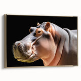 Framed canvas wall art showcasing a side view of a hippopotamus in a vibrant design, accented with gold tones, perfect for wildlife enthusiasts and home decor.
