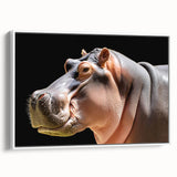 Framed canvas artwork showcasing a side view of a hippopotamus, highlighting its distinct features and textures, perfect for animal lovers and home decor enthusiasts.