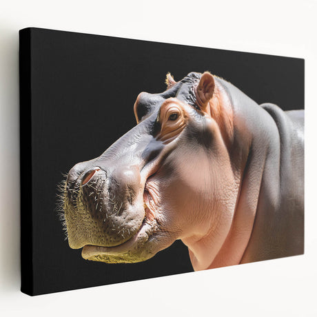 Stretched canvas wall art featuring a side view of a hippopotamus in a natural setting, showcasing rich colors and intricate details, perfect for wildlife decor.