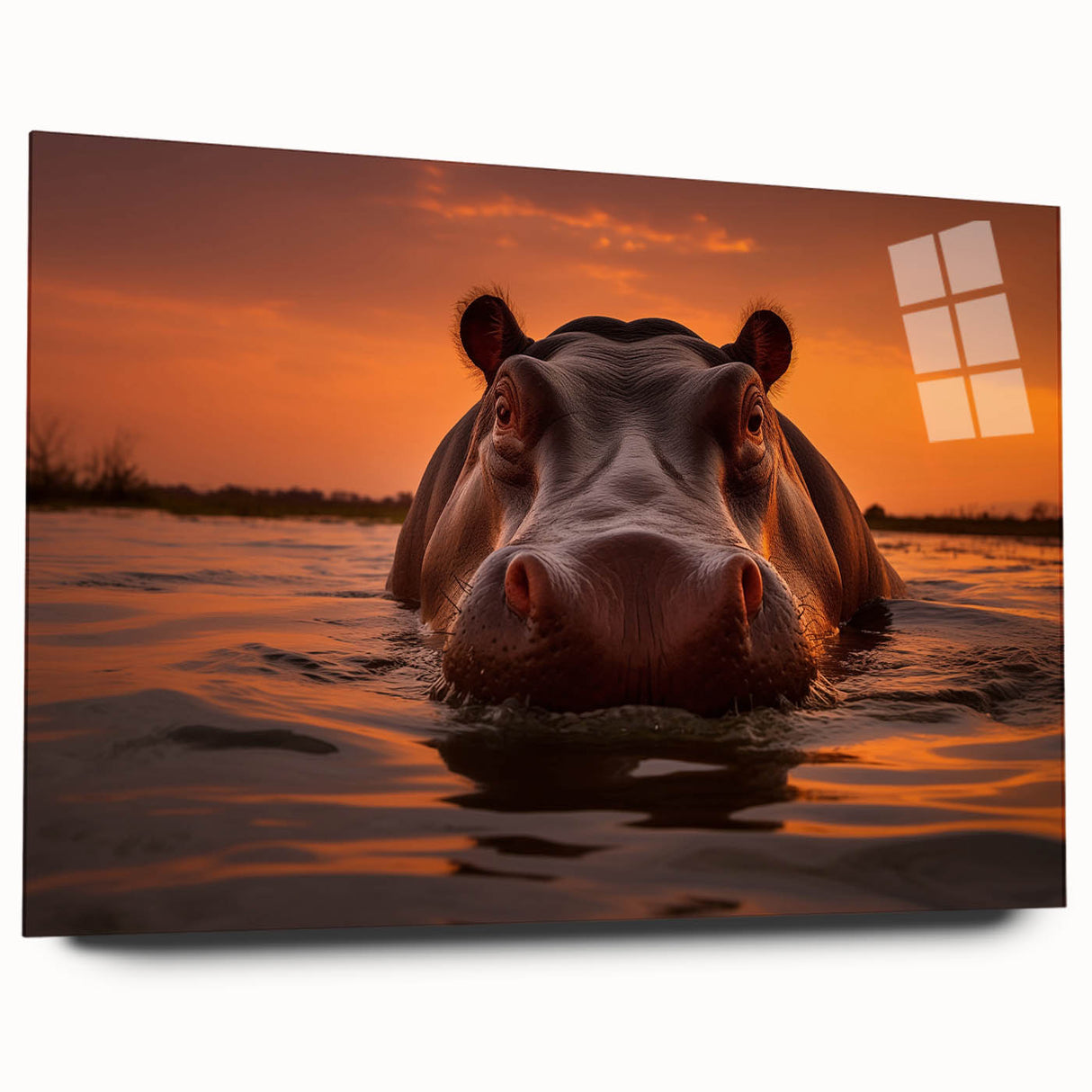 Side view of a vibrant acrylic glass wall art piece featuring a detailed hippopotamus design, showcasing bold colors and artistic textures, perfect for animal lovers.
