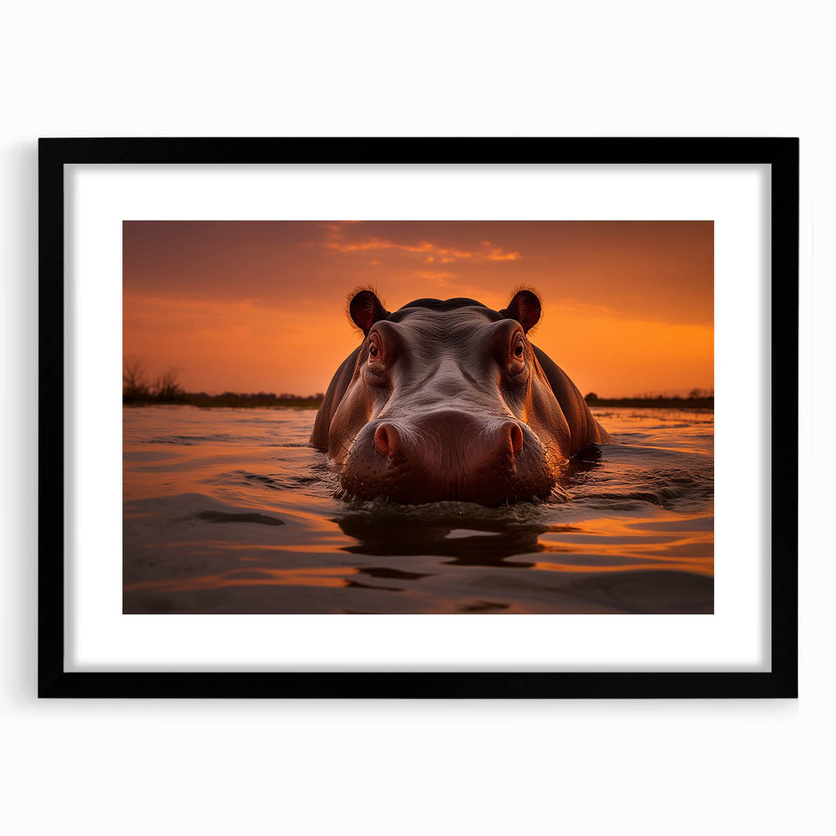 Black-framed wall art featuring a striking hippopotamus design in vibrant colors, suitable for wildlife enthusiasts, adding a bold touch to home decor.