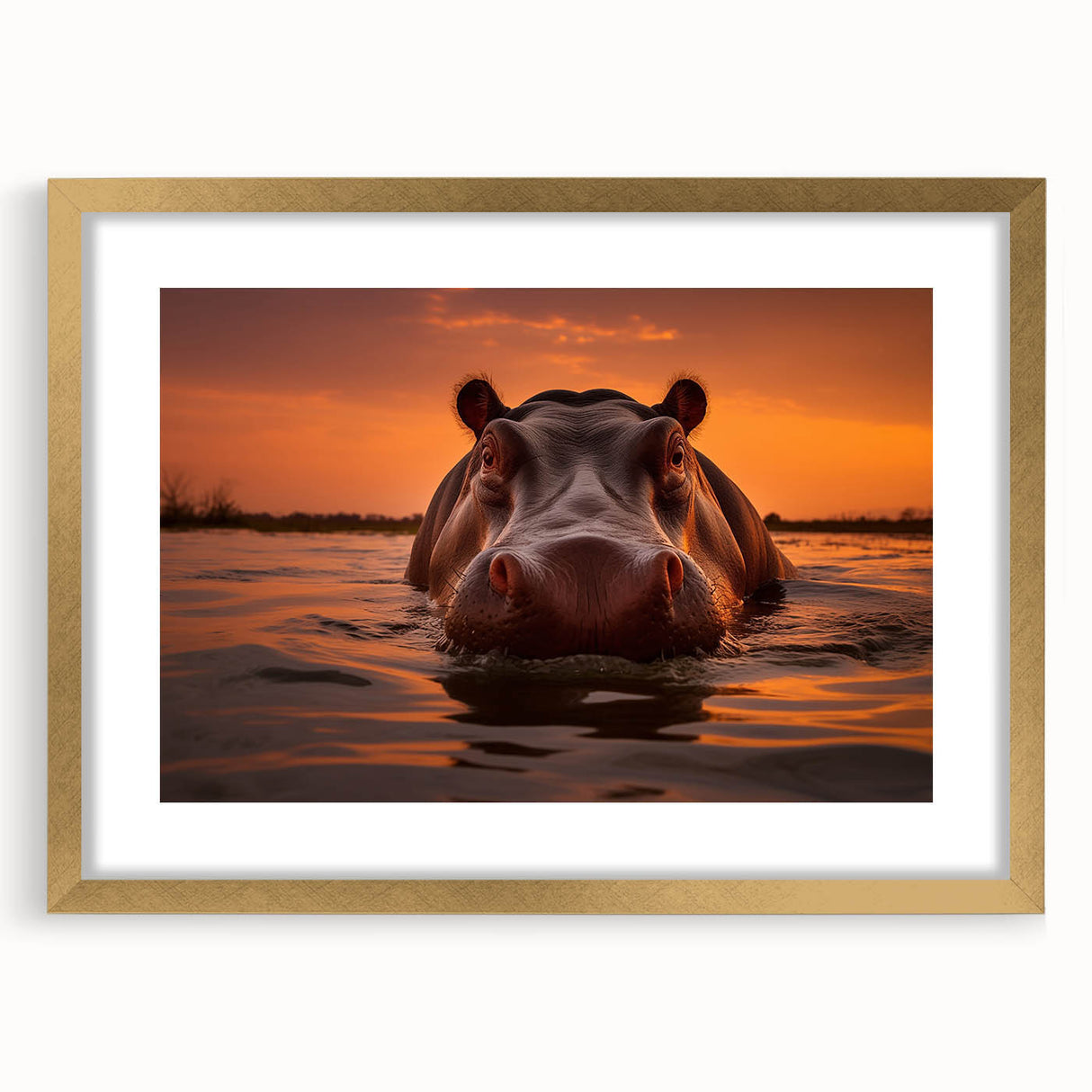 Detailed wall art showcasing a front view of a hippo design, elegantly framed with a gold mat, perfect for animal lovers and home decor enthusiasts.