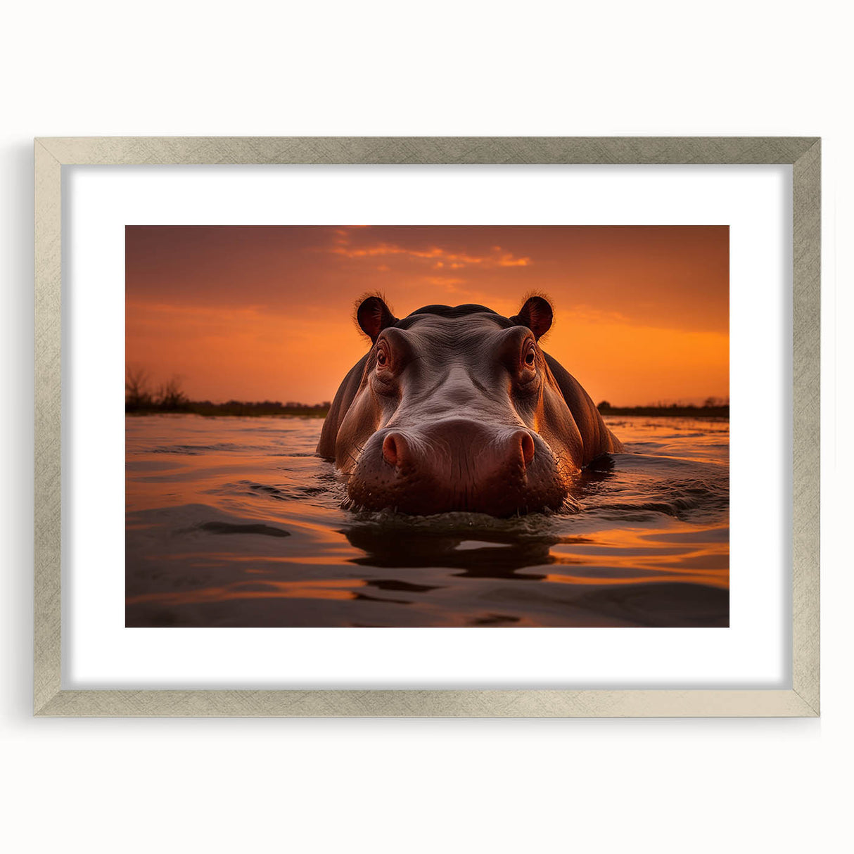 Hippopotamus wall art design featuring a sleek silver frame and mat, showcasing vibrant colors and intricate details, perfect for animal lovers and decor enthusiasts.