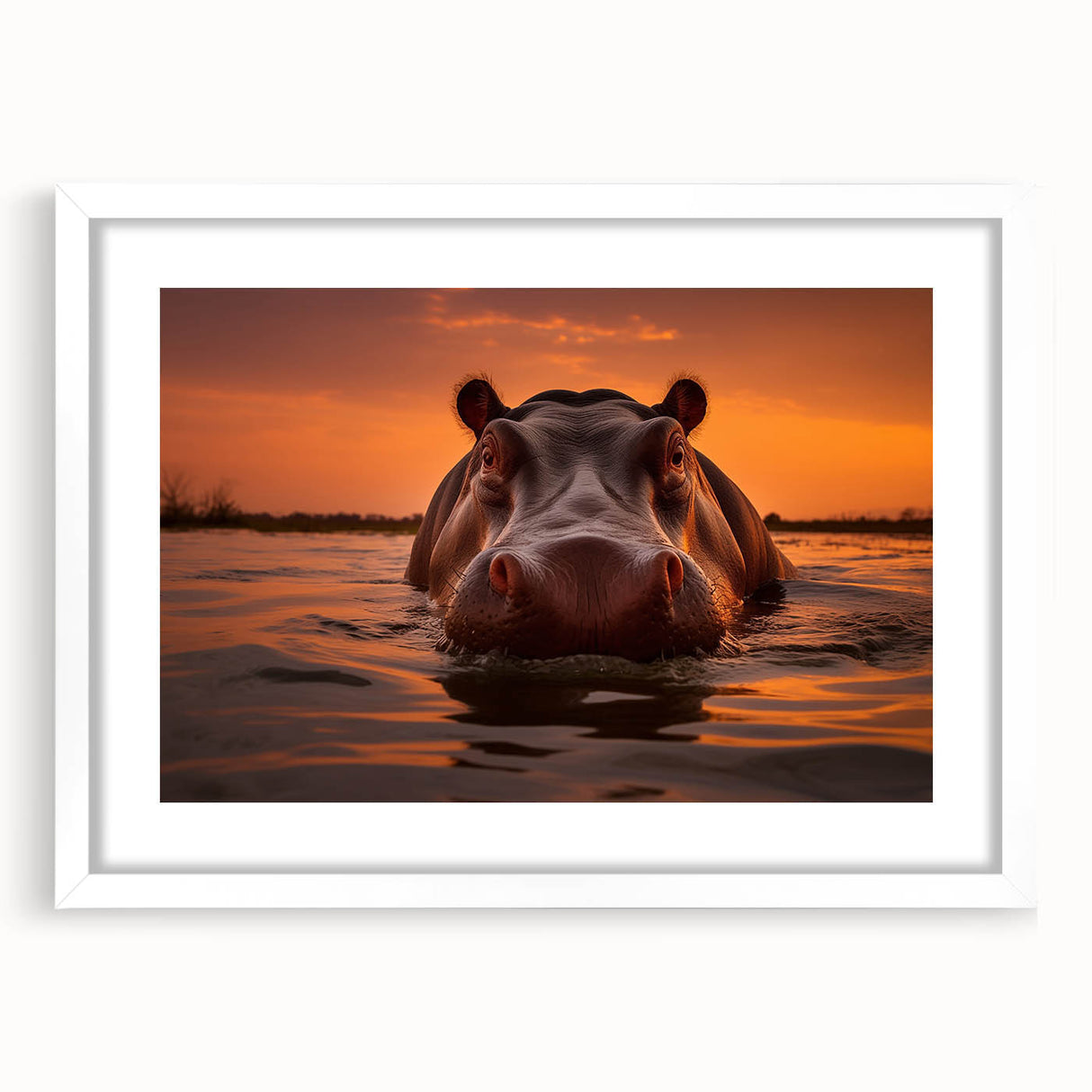 Framed wall art featuring a whimsical hippopotamus design in vibrant colors, set against a white mat, perfect for animal lovers and home decor enthusiasts.