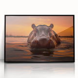 Framed wall art featuring a striking black-front view of a hippopotamus, designed with a wild-life theme, perfect for animal lovers and home decor enthusiasts.