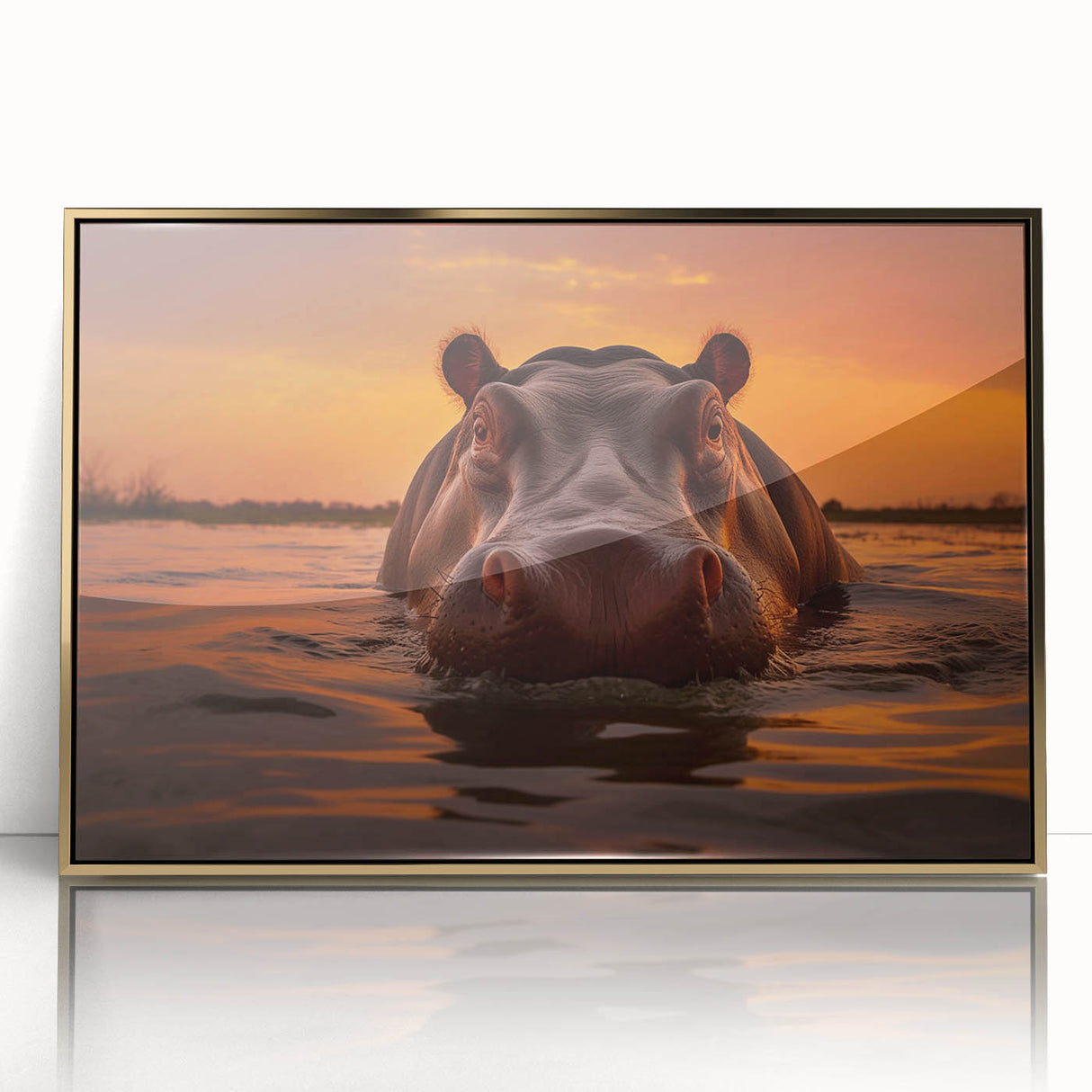 Framed wall art featuring a stunning gold-accented front view of a hippopotamus, showcasing intricate details and vibrant colors, perfect for wildlife enthusiasts.