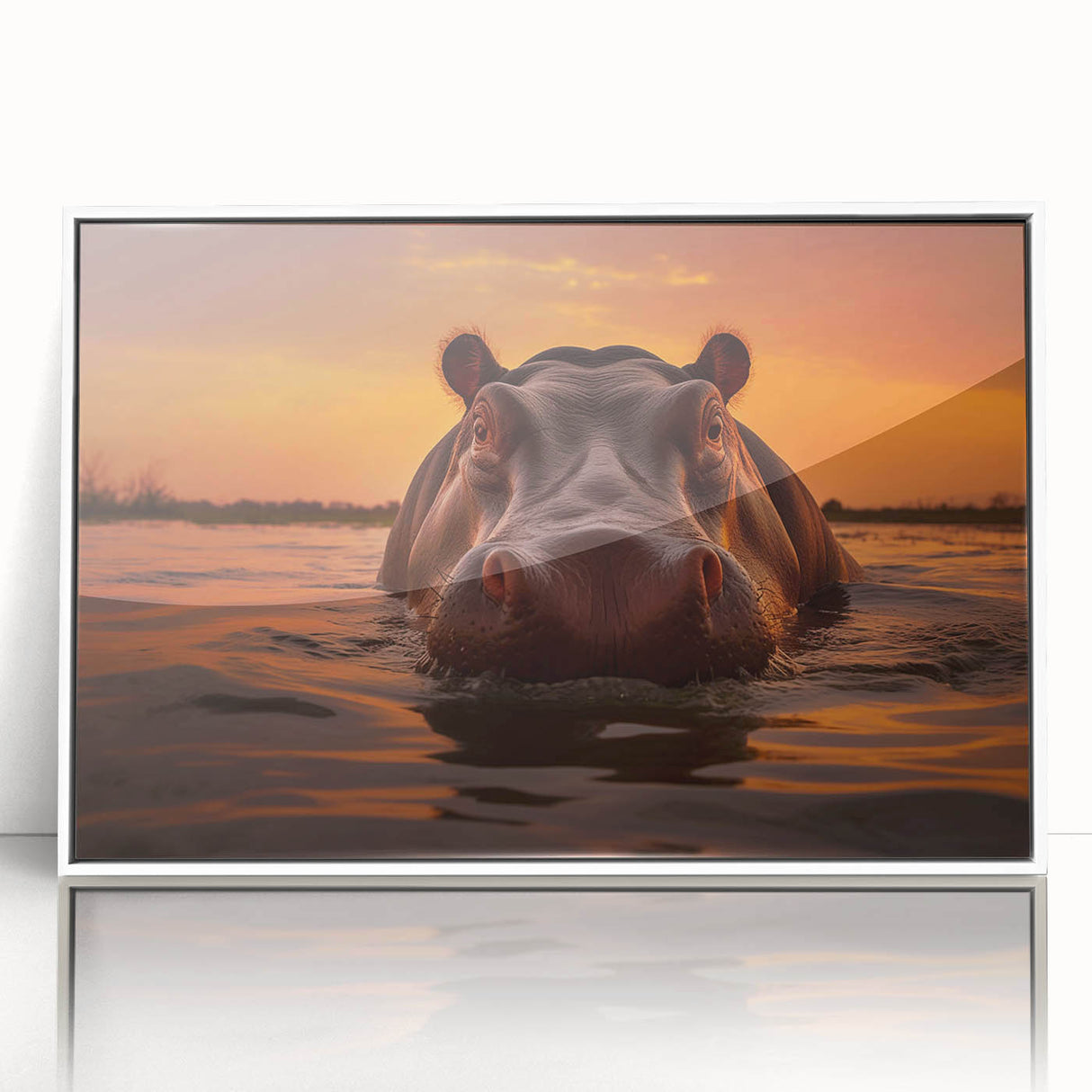 Framed wall art featuring a vibrant illustration of a hippopotamus in a natural habitat, showcasing rich colors and intricate details against a white background. Ideal for animal lovers' home decor.