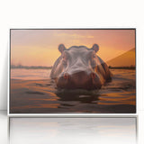 Framed wall art featuring a vibrant illustration of a hippopotamus in a natural habitat, showcasing rich colors and intricate details against a white background. Ideal for animal lovers' home decor.