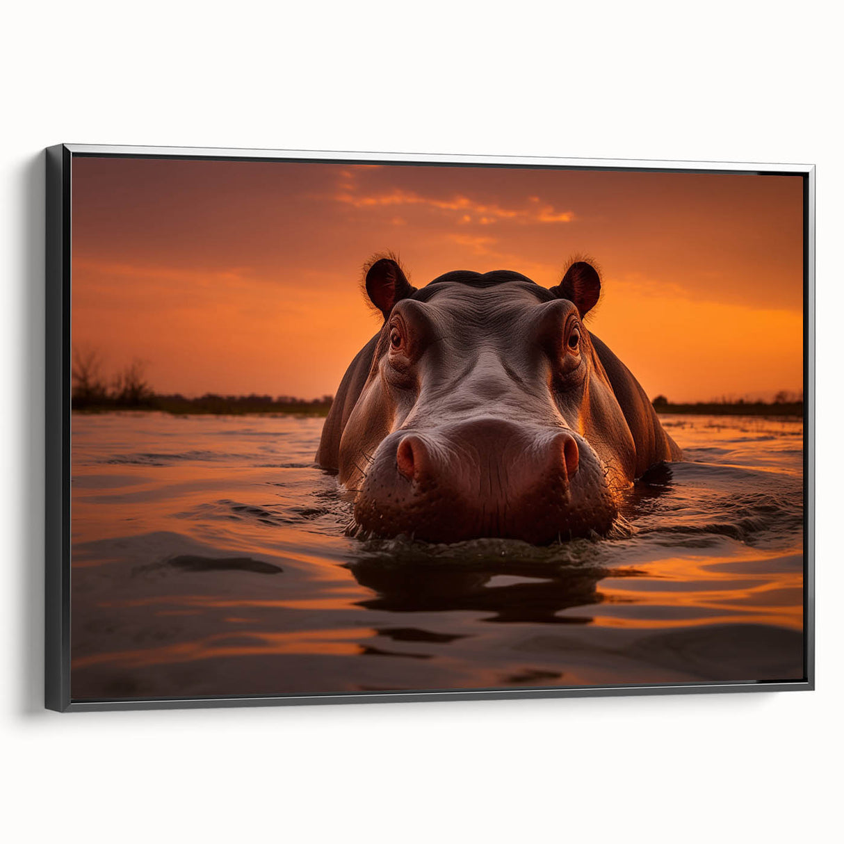 Framed canvas wall art showcasing a black side view of a hippo, highlighting its unique features and textures, perfect for animal lovers and home decor enthusiasts.
