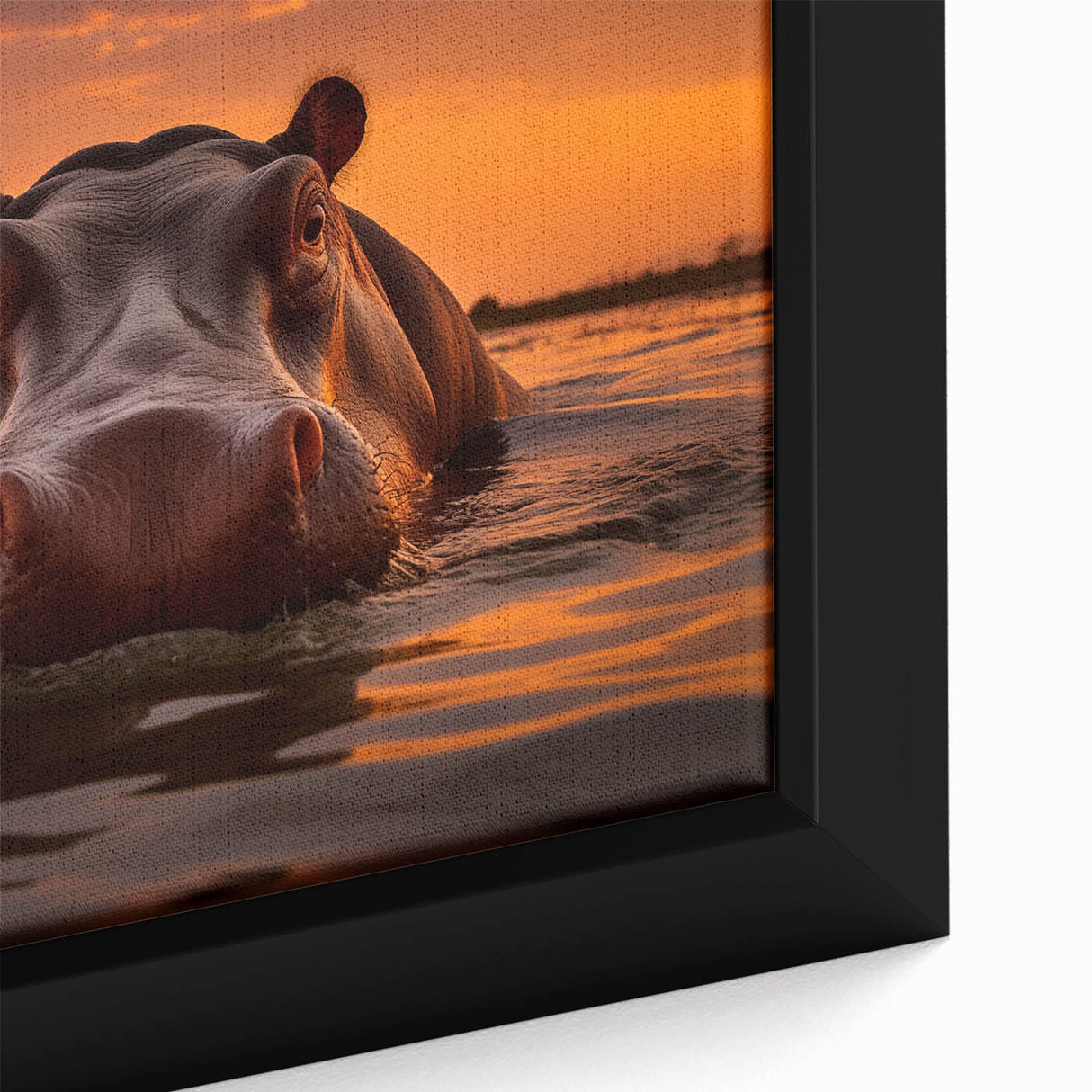 Close-up of a framed canvas wall art featuring a detailed illustration of a hippopotamus in its natural habitat, showcasing vibrant colors and intricate textures, ideal for wildlife enthusiasts and home decor.