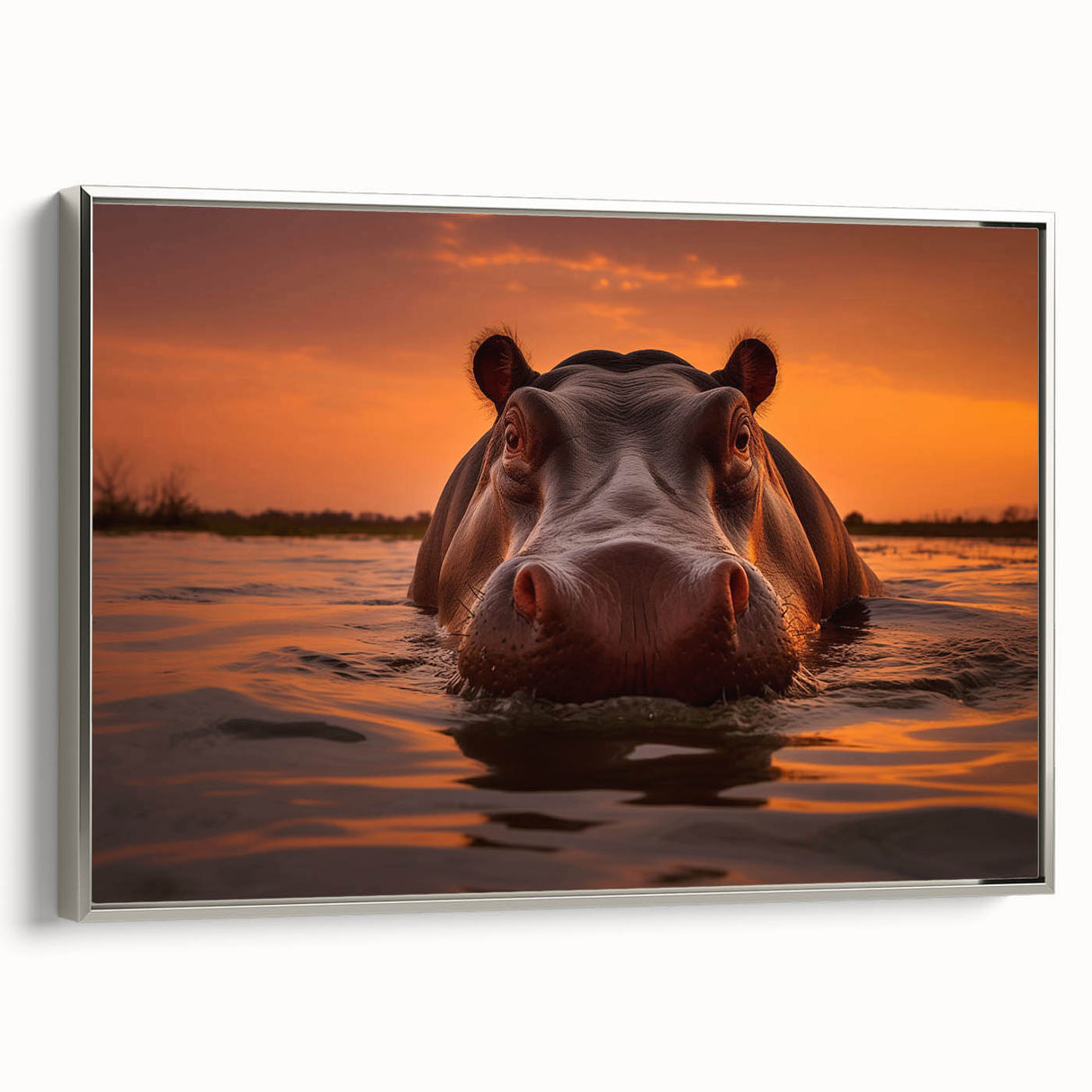 Framed canvas wall art featuring a side view of a hippopotamus in a striking silver design, perfect for animal lovers and modern decor enthusiasts. Ideal for adding a unique touch to home or office spaces, this piece combines artistic flair with a wild aesthetic.